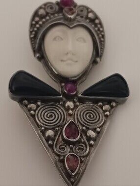 Rare Vintage Sign 925 Silver Sajen Bali Carved Goddess Brooch / Pin / Pendant